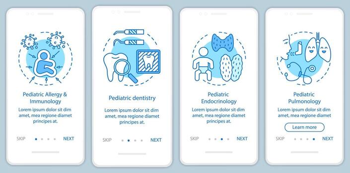 Pediatric services onboarding mobile app page screen with linear concepts. Immunology, endocrinology, pulmonology walkthrough steps graphic instructions. UX, UI, GUI vector template with illustrations