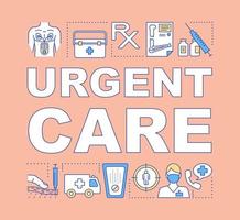 Urgent care word concepts banner. First aid, ambulance, emergency assistance, 24-hours support. Presentation, website. Isolated lettering typography idea with linear icons. Vector outline illustration