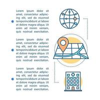 plantilla de vector de página de artículo de ubicaciones. clínica pediátrica en el mapa. folleto, revista, elemento de diseño de folleto con iconos lineales y cuadros de texto. diseño de impresión. ilustraciones de concepto con espacio de texto