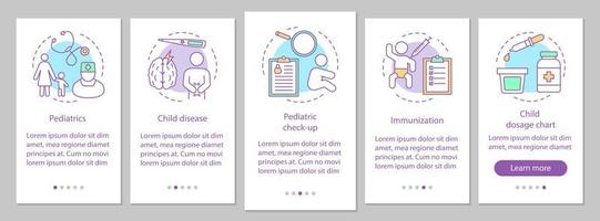 Pantalla de la página de la aplicación móvil de incorporación de pediatría con conceptos lineales. enfermedad infantil, chequeo, inmunización, tabla de dosificación pasos paso a paso instrucciones gráficas. ux, ui, plantilla de vector de interfaz gráfica de usuario con iconos