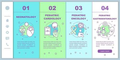 Pediatric clinic onboarding mobile web pages vector template. Neonatology, cardiology. Responsive smartphone website interface idea with illustrations. Webpage walkthrough step screens. Color concept