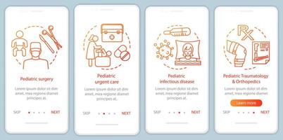 Pediatric services onboarding mobile app page screen with linear concepts. Urgent care, infectious disease, orthopedics walkthrough steps graphic instructions. UX, UI, GUI vector template with icons