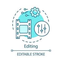 Video editing concept icon. Film post production idea thin line illustration. Video editor. Audio mixer. Visual settings. Film making software. Vector isolated outline drawing. Editable stroke