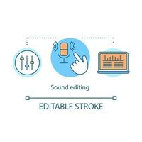 Sound editing concept icon. Music production idea thin line illustration. Audio recording, capturing. Sound effects editing software. Audio mixing. Vector isolated outline drawing. Editable stroke