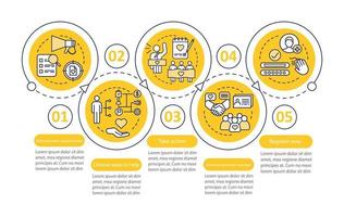 plantilla de infografía de vector de voluntariado. ayuda humanitaria. programa de voluntariado. diseño de presentación de negocios. visualización de datos con cinco pasos y opciones. gráfico de la línea de tiempo del proceso. diseño del flujo de trabajo