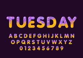 Donut cartoon tuesday biscuit bold font style. Glazed capital letters, alphabet, number. Tempting flat design typography. Cookies letters. Eggplant background. Pastry, bakery isolated vector clipart