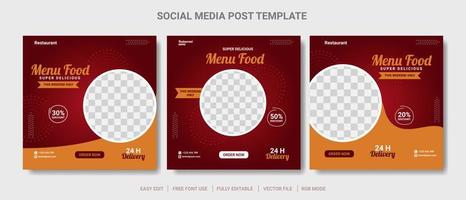 Conjunto de publicación de redes sociales de alimentos y plantilla de diseño de banner de promoción.
