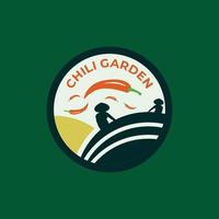 un logotipo con el tema de los agricultores que cosechan en el jardín de chiles. vector