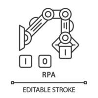 RPA linear icon. Industrial robotic arm. Robot manipulator hand collecting cubes. Robotic process automation. Thin line illustration. Contour symbol. Vector isolated outline drawing. Editable stroke