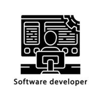 Software developer glyph icon. Coder. Software programmer, analyst. IT worker. Employee works at computer. Silhouette symbol. Negative space. Vector isolated illustration