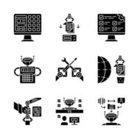 RPA glyph icons set. Robotic process automation benefits. AI worker. GUI, settings, calculation, sorting and analyzing information, PbD. Silhouette symbols. Vector isolated illustration