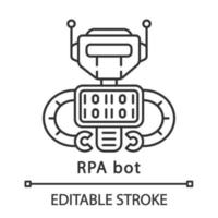 RPA bot linear icon. Programmed cyborg. Software robot. Robotic process automation. Thin line illustration. Contour symbol. Vector isolated outline drawing. Editable stroke