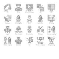 Conjunto de iconos lineales rpa. Automatización robótica de procesos. Automatización de procesos administrativos. robots de software. automatizar los flujos de trabajo. símbolos de contorno de línea fina. ilustraciones de contorno de vector aislado. trazo editable