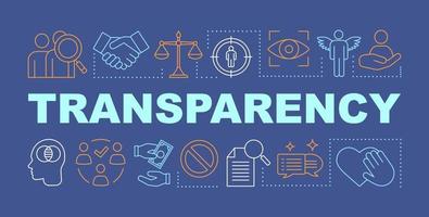 Transparency word concepts banner. Reliability, morality. Business ethics. Openness, fairness. Presentation, website. Isolated lettering typography idea with linear icons. Vector outline illustration