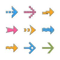 Arrows color icons set. Wavy, pixel, folding, striped, dashed next arrows. Navigation pointer, indicator sign. Arrowheads pointing to right direction. Isolated vector illustrations