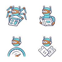 Internet bots color icons set. Crawler, text-reading, optimizer, scalper robot. Artificial intelligence. AI. Software app. Virtual assistant. Computer operation. Isolated vector illustrations