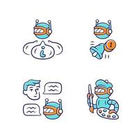 Internet robots color icons set. Chatbot, informational, proactive, art bots. Sending messages, notifications. Technology, cybernetics. Artificial intelligence, AI. Isolated vector illustrations