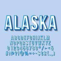 alaska vintage letras vectoriales 3d. fuente en negrita retro, tipografía. texto estilizado del arte pop. letras, números, símbolos, paquete de elementos de estilo de la vieja escuela. Cartel de los 90, 80, pancarta. fondo de color de faja azul vector