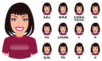 Cute  girl character avatar and with mouth animation pack with lip syncing set for animation and sound pronunciation vector