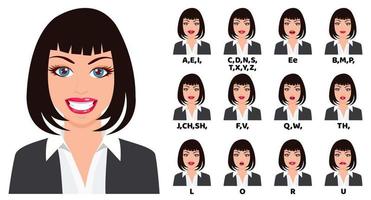 Cute beautiful girl character avatar and with mouth animation pack with lip syncing set for animation and sound pronunciation wearing beautiful outfit isolated vector