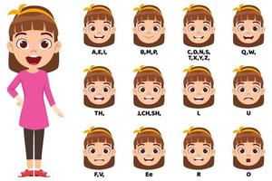 Cartoon kid girl character talking mouth and lips expressions vector animations poses pronunciation speak, tongue and articulate isolated