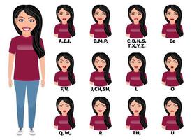 Girl character avatar and with mouth animation pack with lip syncing set for animation and sound pronunciation wearing beautiful outfit isolated vector