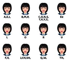 Cute beautiful girl character avatar and with mouth animation pack with lip syncing set for animation and sound pronunciation isolated vector