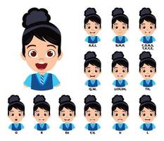 Background kid school girl character standing bag and with mouth animation pack with lip syncing set for animation and sound pronunciation isolated vector