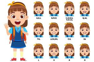 Cute kid school girl character standing bag and with mouth animation pack with lip syncing set for animation and sound pronunciation vector