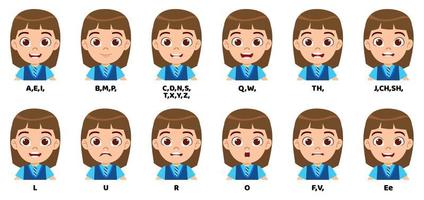 Background kid school girl character standing bag and with mouth animation pack with lip syncing set for animation and sound pronunciation vector