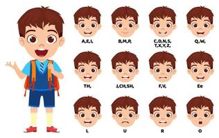 Happy cute kid school boy character standing bag and with mouth animation pack with lip syncing set for animation and sound pronunciation isolated vector