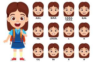 Kid school girl character standing bag and with mouth animation pack with lip syncing set for animation and sound pronunciation vector