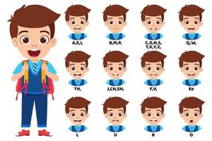 Kid school boy character standing bag and with mouth animation pack with lip syncing set for animation and sound pronunciation vector