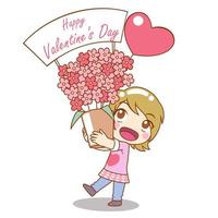 Cartoon character of a girl holding bouquet of flowers for Valentine's day. vector