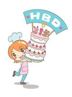 Cartoon vector of girl holding tower cake for birthday.