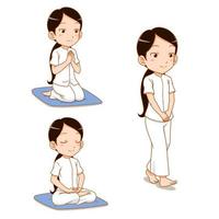 Cartoon character of girl meditating, observe Buddhist Precepts. practices Dharma. vector