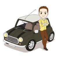 el hombre y el coche pequeño.