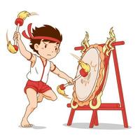 personaje de dibujos animados de niño golpeando el tambor norteño tailandés. vector