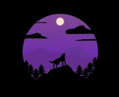 Illustration vector design of landscape and nature of forest and mountain with shouting wolf at midnight.