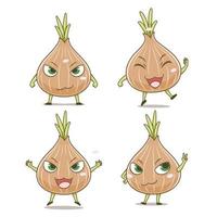 Set of cute cartoon onions in different poses. vector