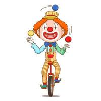 personaje de dibujos animados de payaso haciendo malabares con bolas de colores y montando una bicicleta de rueda. vector