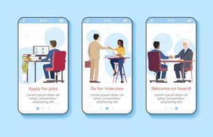 Job search onboarding mobile app screen vector template. Apply for job, go for interview, welcome on board. Walkthrough website steps with flat characters. UX, UI, GUI smartphone cartoon interface