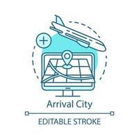 Arrival city concept icon. Flight destination idea thin line illustration. Landing airplane. Travel and journey. Departure point. Plane flying down. Vector isolated outline drawing. Editable stroke