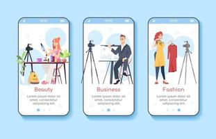 vlogging onboarding plantilla de vector de pantalla de aplicación móvil. blogs de belleza, negocios, moda. marketing de influencers. paso a paso del sitio web con caracteres planos. interfaz de dibujos animados de smartphone ux, ui, gui