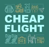 Banner de conceptos de palabra de vuelo barato. clase de economia. boletos de ofertas de aerolínea de última hora. ofertas de pasajes aéreos. presentación. idea de tipografía de letras aisladas con iconos lineales. ilustración de contorno vectorial vector