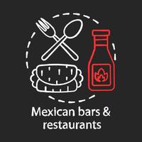 bares y restaurantes mexicanos icono del concepto de tiza. kebab, salsa de pimiento picante, cubiertos. burrito tradicional. idea de bistro de comida picante. vector ilustración de pizarra aislada