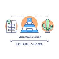 Mexican excursion concept icon. Travel program. Itinerary, pyramyd, cactus. Tourist route and attractions idea thin line illustration. Vector isolated outline drawing. Editable stroke