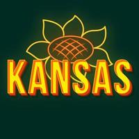 Letras de vector 3d vintage de Kansas. fuente en negrita retro, tipografía. texto estilizado del arte pop. Letras de luz de neón de estilo de la vieja escuela. Cartel de los 90, 80, diseño de banner. Fondo de color azul oscuro con girasol