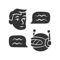 Chatbot glyph icon. Online customer support robot. Man chatting with bot application. Virtual assistant. Artificial intelligence. Silhouette symbol. Negative space. Vector isolated illustration