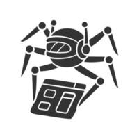 icono de glifo de rastreador. spiderbot. optimización de motores de búsqueda. seguimiento de contenido. inteligencia artificial. indexación web. software de robot. símbolo de silueta. espacio negativo. vector ilustración aislada